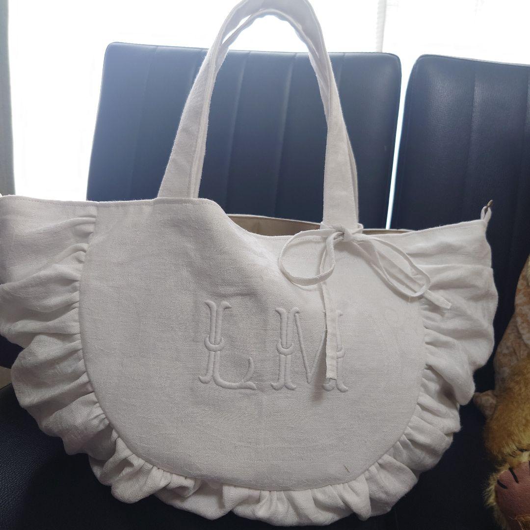 フランスアンティーク トート/ ダマスク織イニシャル刺繍クロスフリルトート