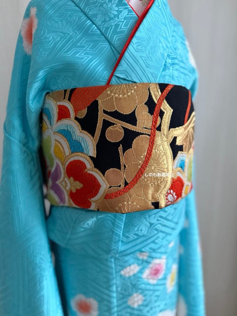 着付師が作る作り帯♡7歳七五三　正絹西陣織唐織帯　黒地　リボン文庫結び