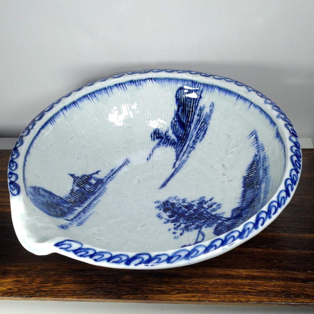 呉須手描山水27cm内櫛目外トチリ呉須巻片口形大鉢　新品未使用　送料込み　美濃焼