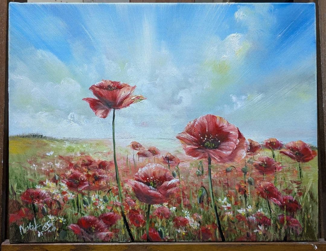 油絵・風景画　ポピーと草原