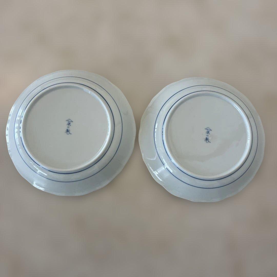 深川製磁 染付 鳥花文 輪花皿 有田焼 和皿2枚セット