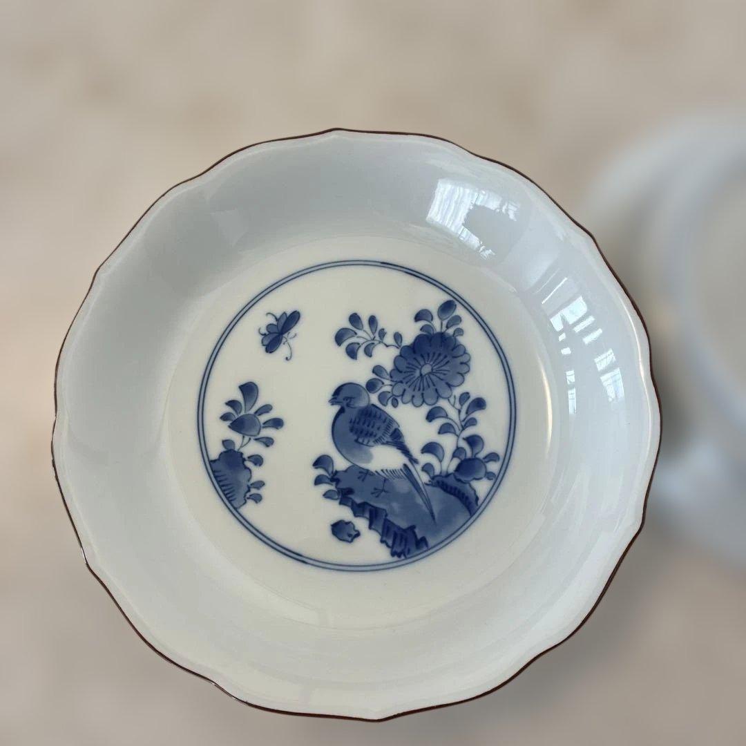 深川製磁 染付 鳥花文 輪花皿 有田焼 和皿2枚セット