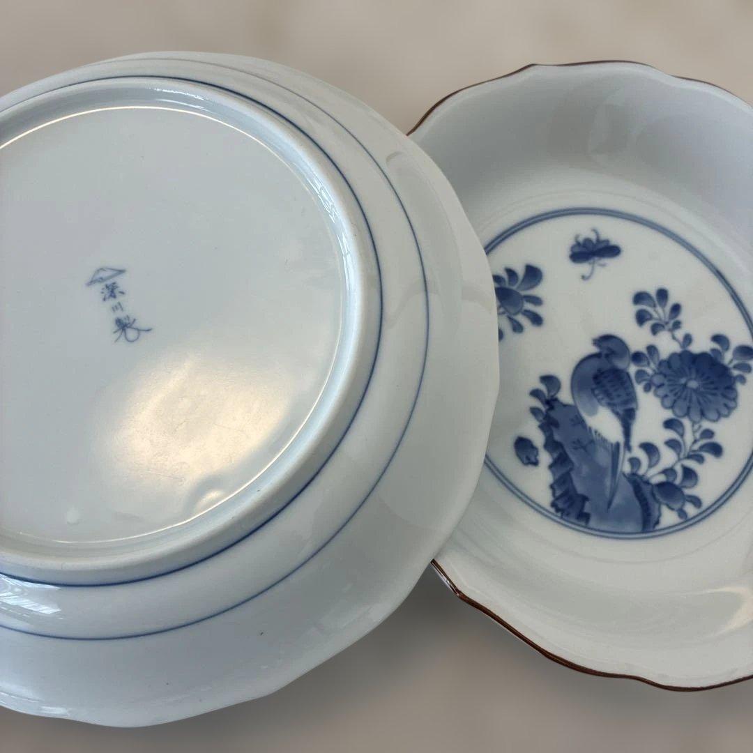 深川製磁 染付 鳥花文 輪花皿 有田焼 和皿2枚セット