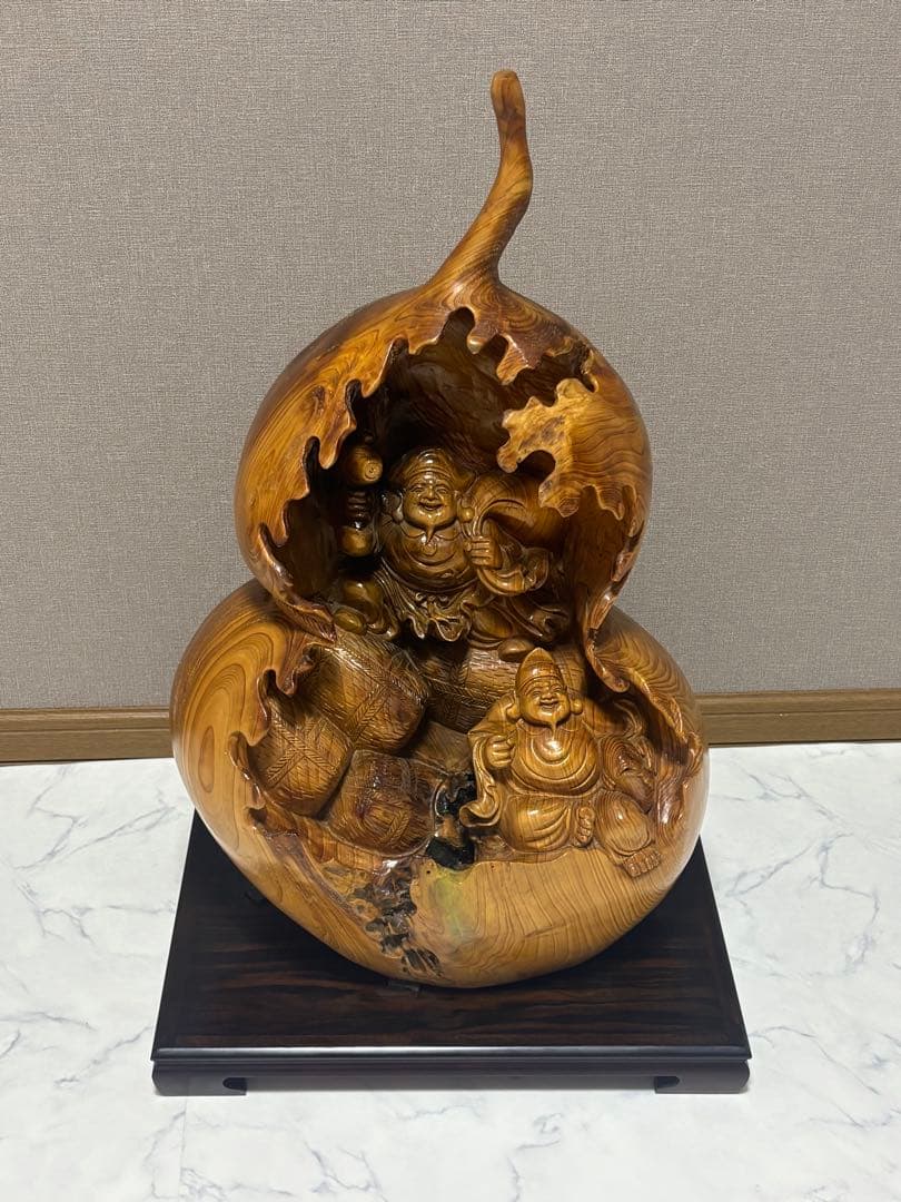 特大サイズ 布袋様・大黒天 瓢箪型 縁起物 七福神 縁起 木製 当時物 木彫り