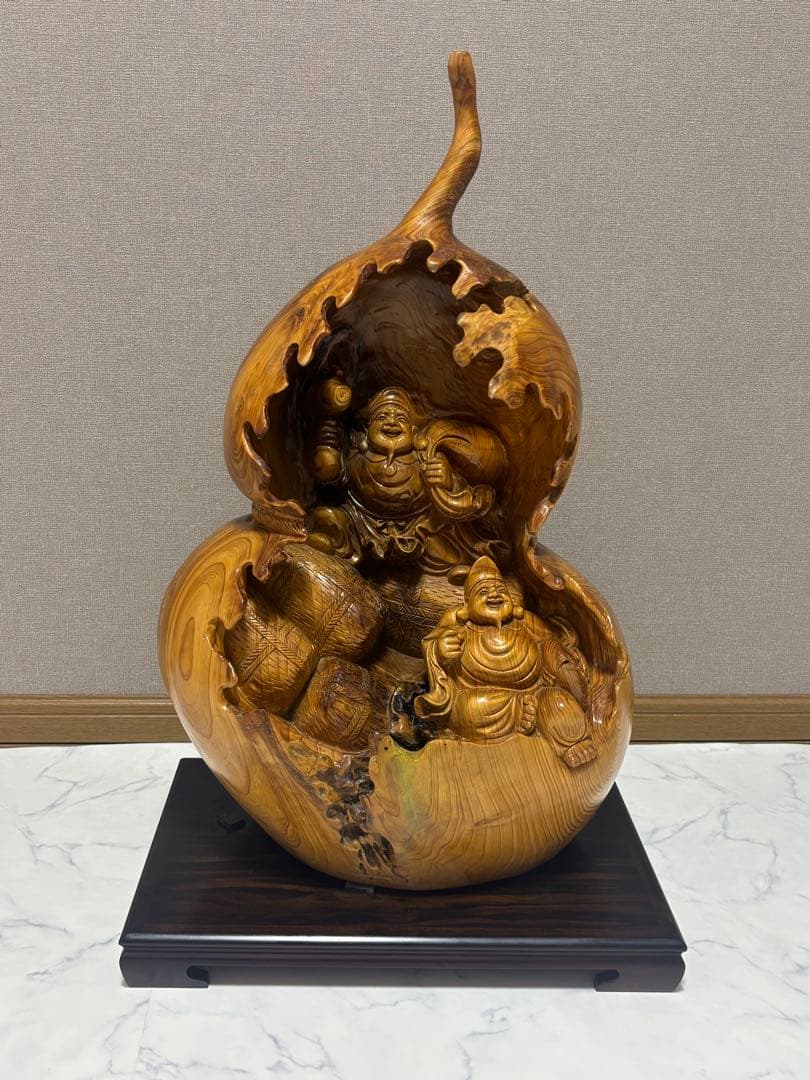 特大サイズ 布袋様・大黒天 瓢箪型 縁起物 七福神 縁起 木製 当時物 木彫り