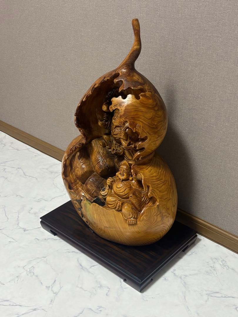 特大サイズ 布袋様・大黒天 瓢箪型 縁起物 七福神 縁起 木製 当時物 木彫り