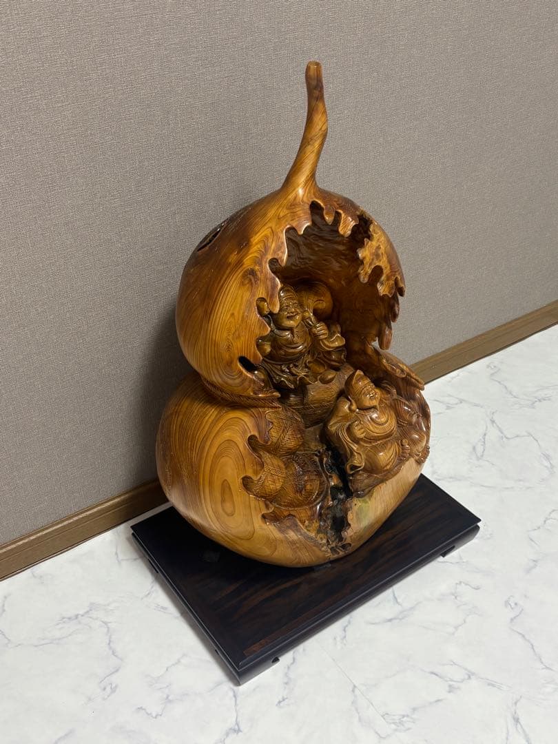 特大サイズ 布袋様・大黒天 瓢箪型 縁起物 七福神 縁起 木製 当時物 木彫り