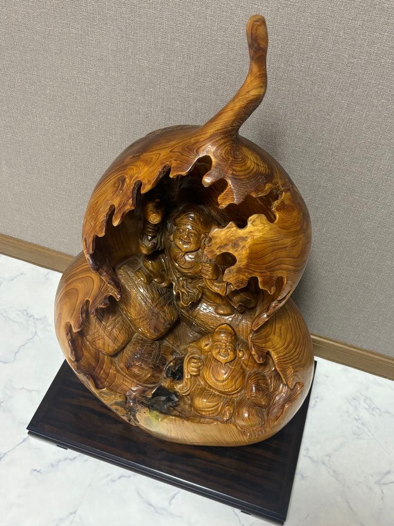 特大サイズ 布袋様・大黒天 瓢箪型 縁起物 七福神 縁起 木製 当時物 木彫り