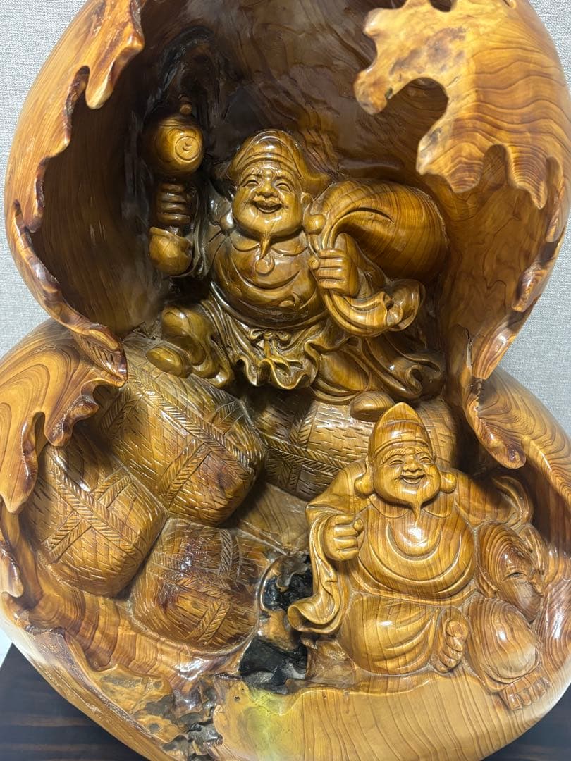 特大サイズ 布袋様・大黒天 瓢箪型 縁起物 七福神 縁起 木製 当時物 木彫り