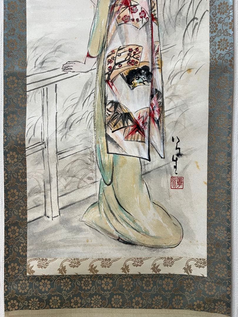 掛け軸　日本画　章水［鴨東日暮 美人図］紙本　共箱！