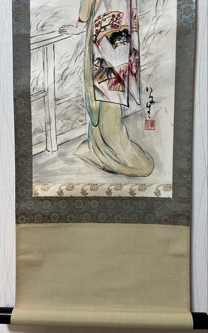 掛け軸　日本画　章水［鴨東日暮 美人図］紙本　共箱！