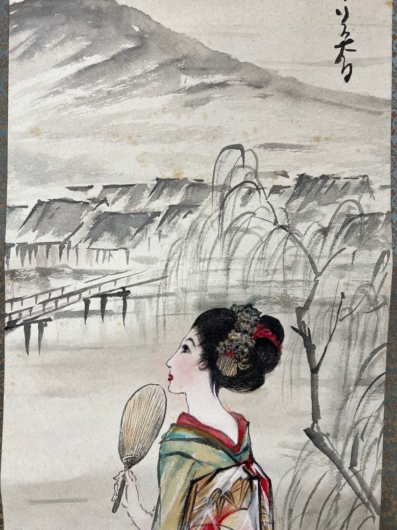 掛け軸　日本画　章水［鴨東日暮 美人図］紙本　共箱！