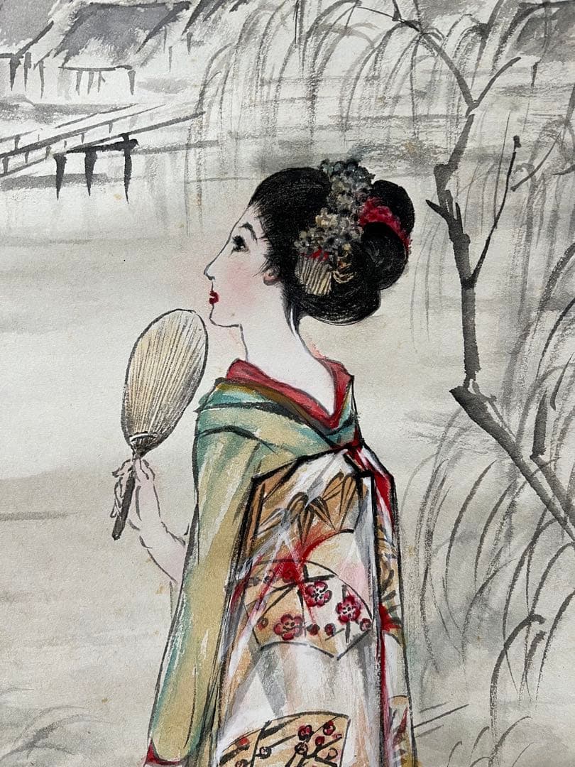 掛け軸　日本画　章水［鴨東日暮 美人図］紙本　共箱！