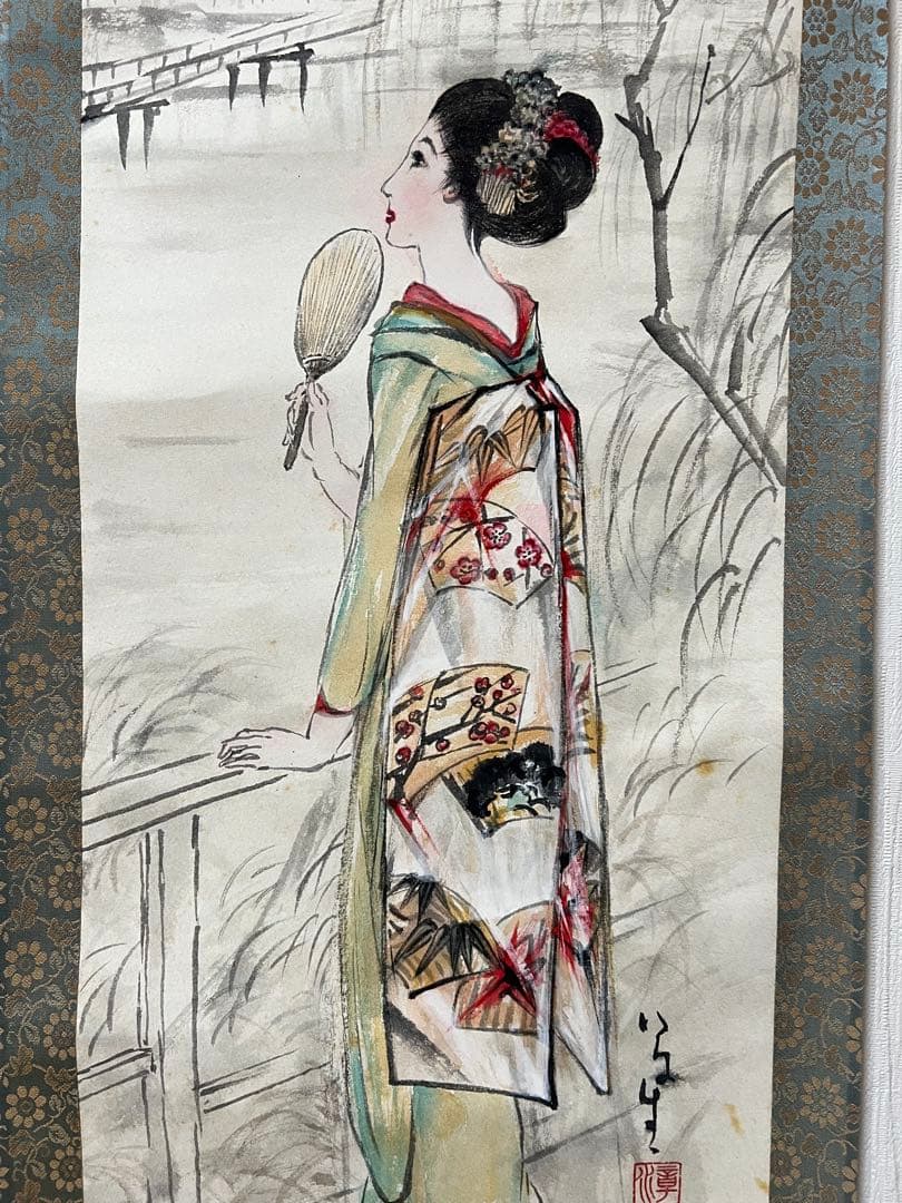 掛け軸　日本画　章水［鴨東日暮 美人図］紙本　共箱！