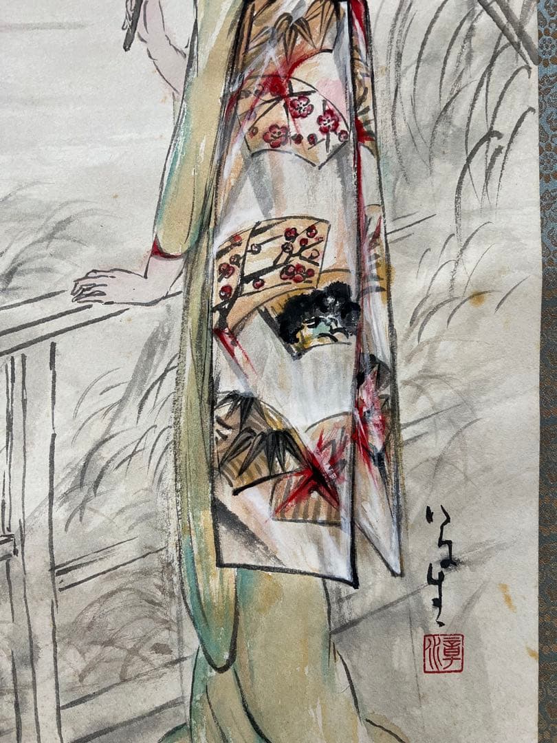 掛け軸　日本画　章水［鴨東日暮 美人図］紙本　共箱！