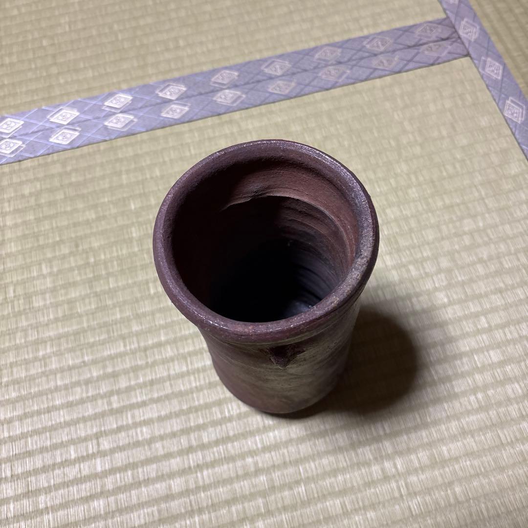 陶器製花器 茶色 円筒形 木箱付き