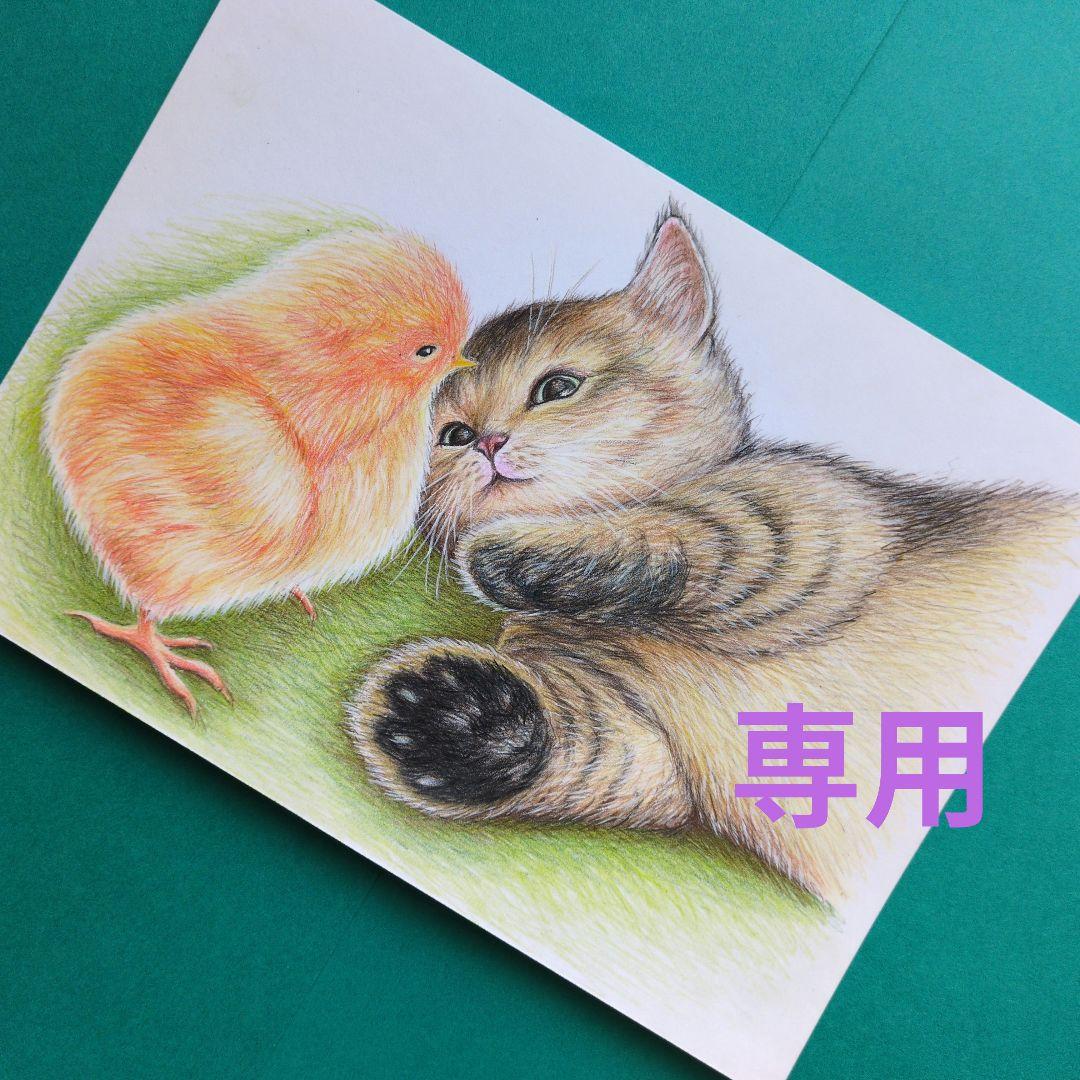 りんママです♪ 色鉛筆画 A5サイズ 子 猫&ヒヨコ ３枚