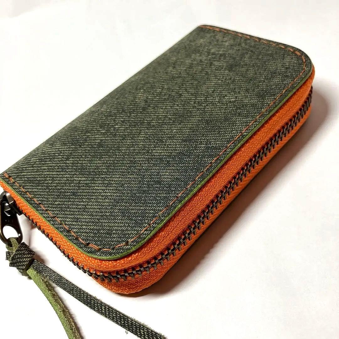 【総手縫い】瀬戸内レザー デニム調×オリーブ ラウンドミニウォレット