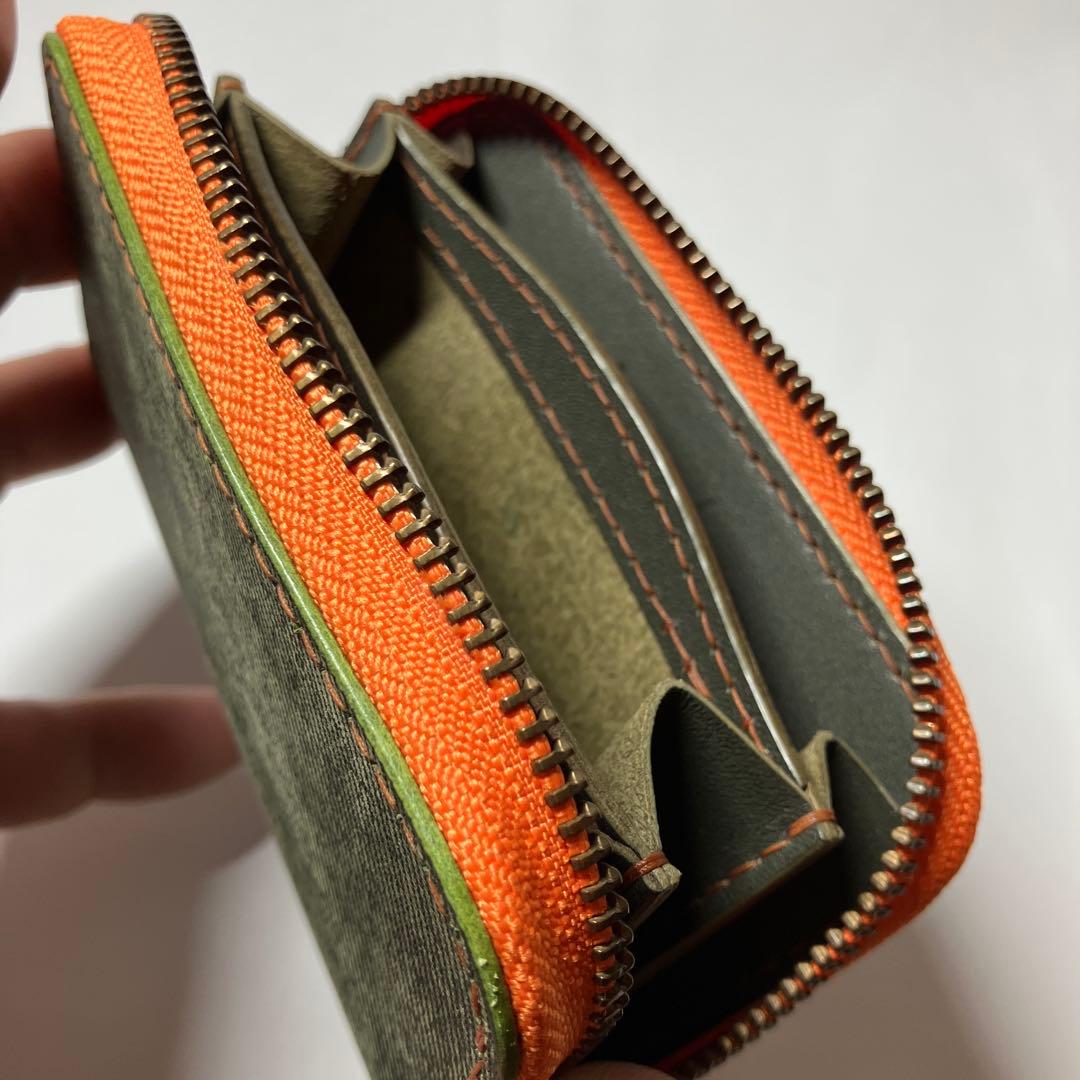 【総手縫い】瀬戸内レザー デニム調×オリーブ ラウンドミニウォレット