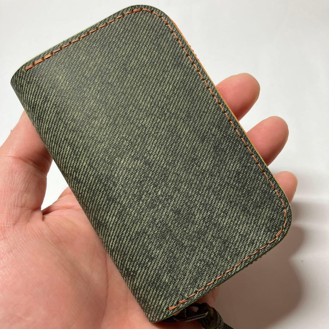 【総手縫い】瀬戸内レザー デニム調×オリーブ ラウンドミニウォレット