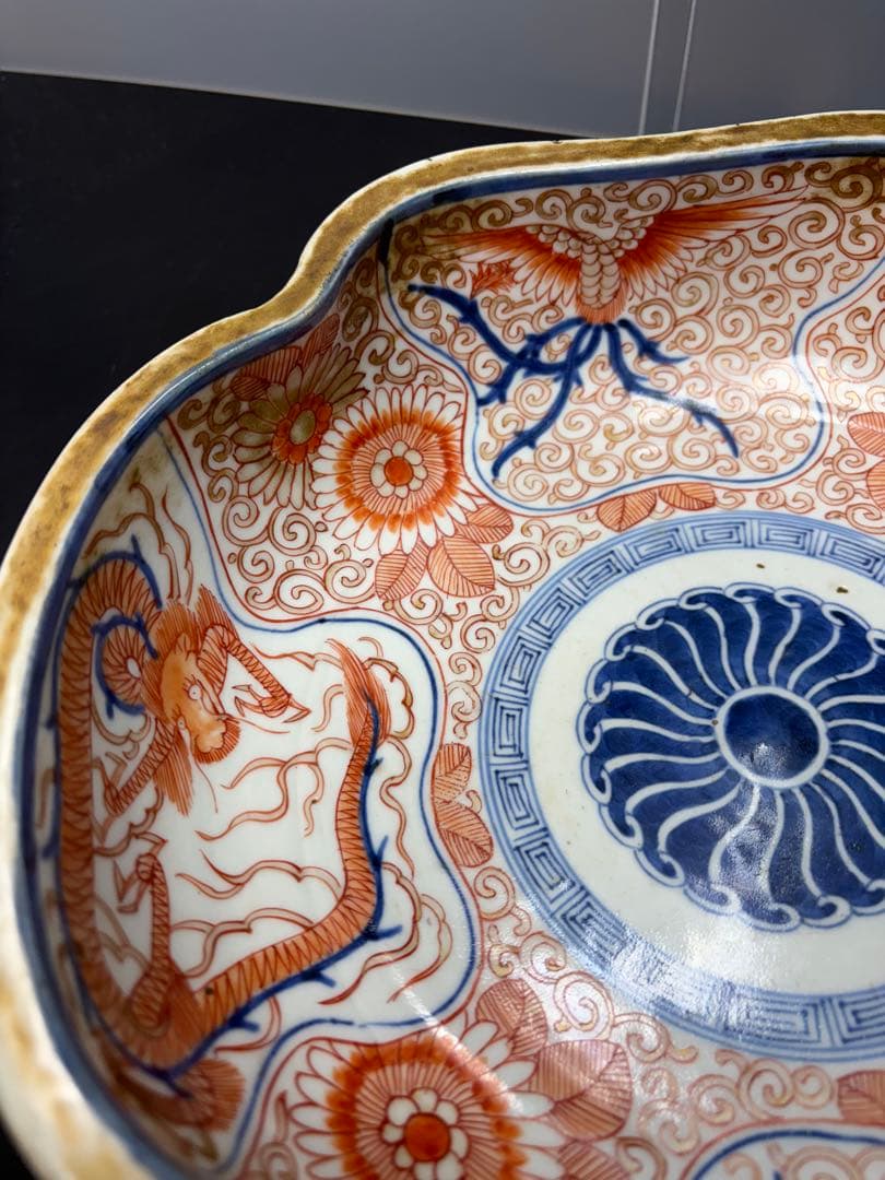 古伊万里 色絵 花唐草 龍 木瓜形 大皿 江戸期 希少品 陶器金彩 太明成化年製