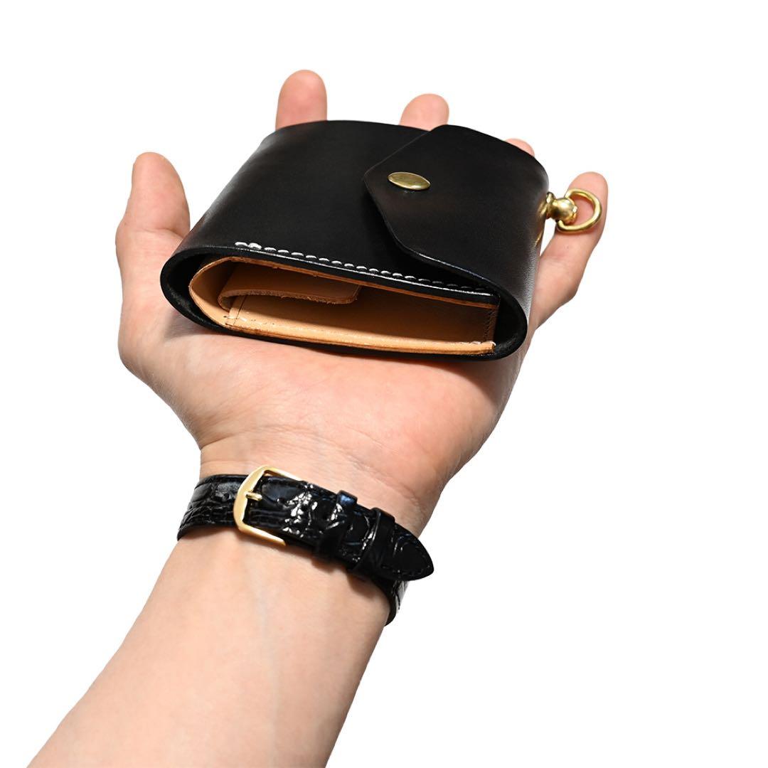 牛革ショートトラッカーウォレット ブラックレザー カウハイド ミニコンパクト財布