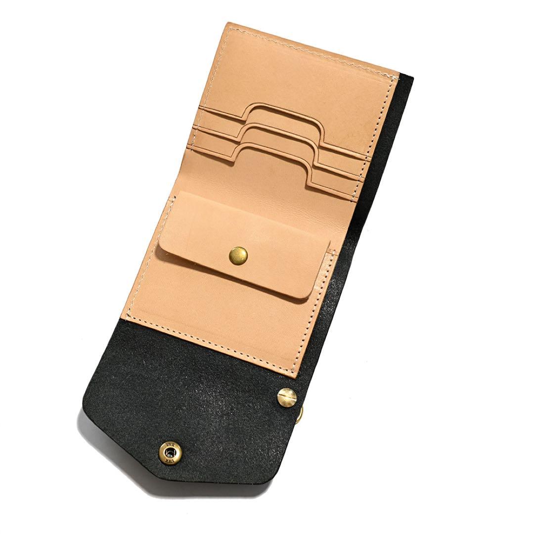 牛革ショートトラッカーウォレット ブラックレザー カウハイド ミニコンパクト財布