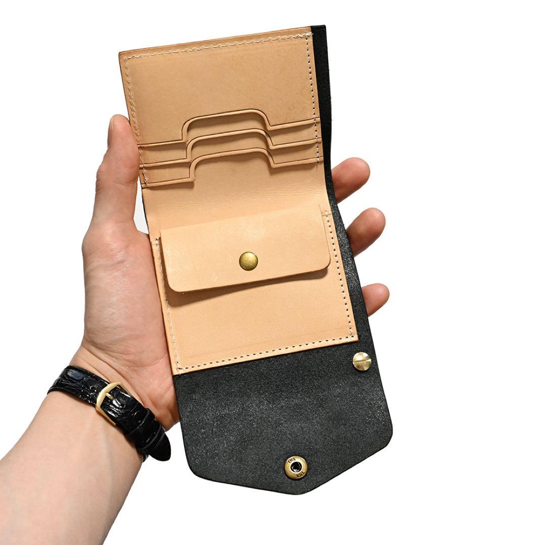 牛革ショートトラッカーウォレット ブラックレザー カウハイド ミニコンパクト財布