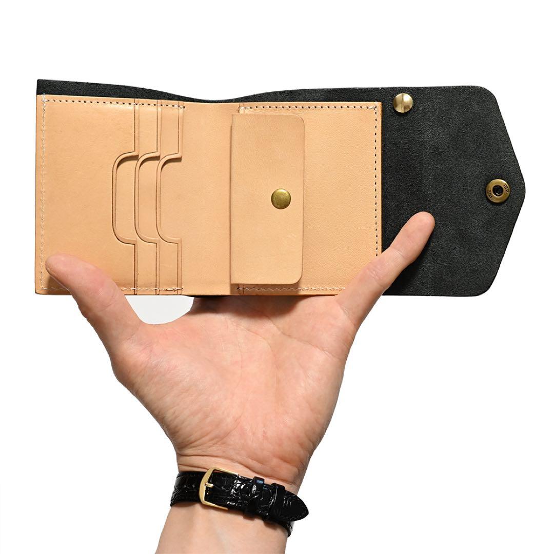 牛革ショートトラッカーウォレット ブラックレザー カウハイド ミニコンパクト財布