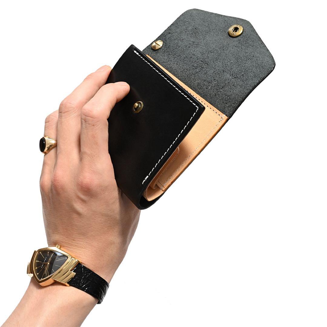 牛革ショートトラッカーウォレット ブラックレザー カウハイド ミニコンパクト財布