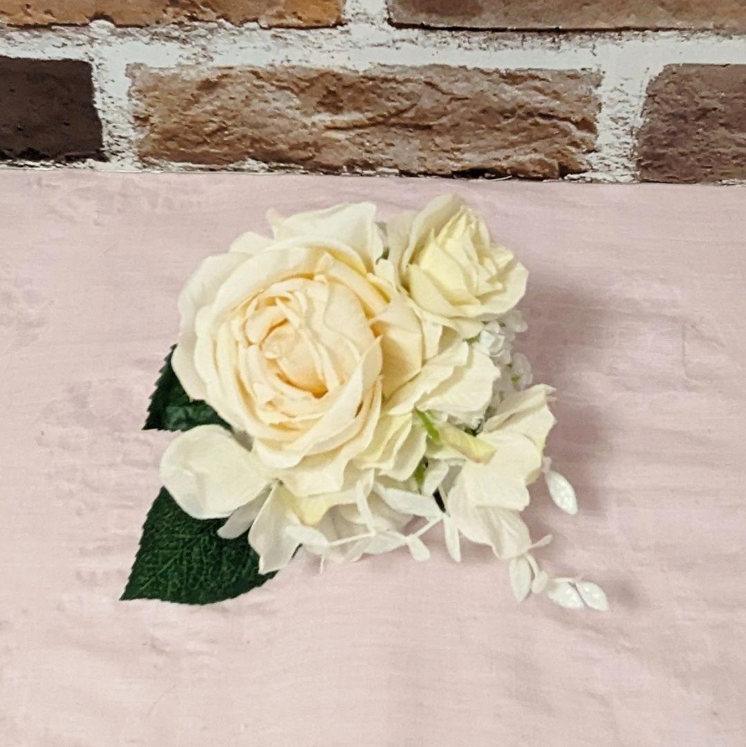 抱っこシャン♡素敵なガーデンウエディング♡ベージュホワイト花織柄ベアトップドレス