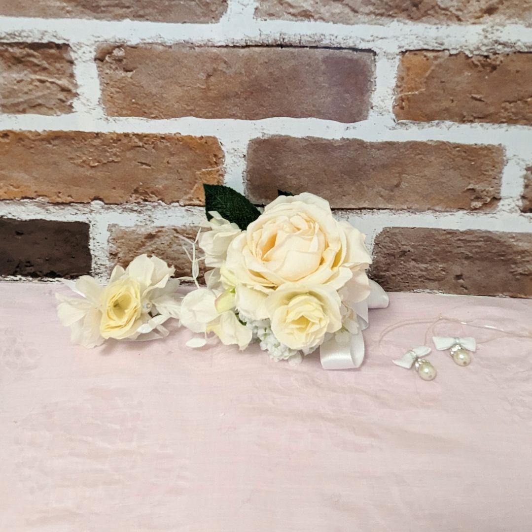 抱っこシャン♡素敵なガーデンウエディング♡ベージュホワイト花織柄ベアトップドレス