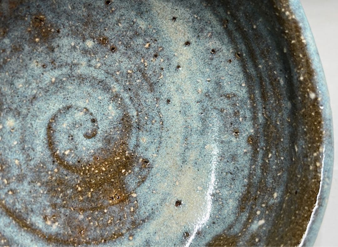 茶道具　清水正次作　灰釉　茶碗　共箱　共布灰青緑色 陶器 茶碗 木箱付き、抹茶碗