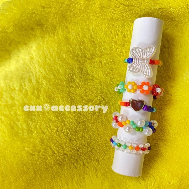 【rs-3】 ビーズリング ✿ 韓国 カラフル 蝶々 ハート