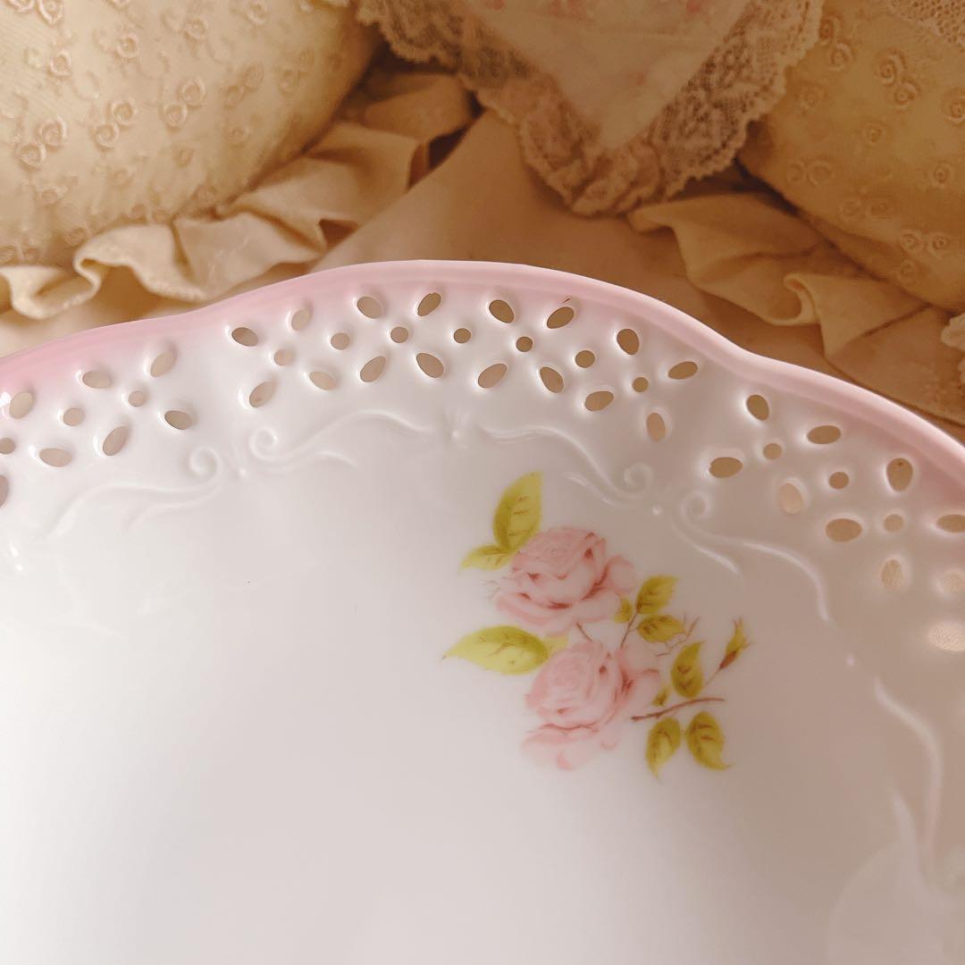 ♡イマン♡ダイアナローズ陶器足付き皿プレートピンク薔薇マニーローズバスケット