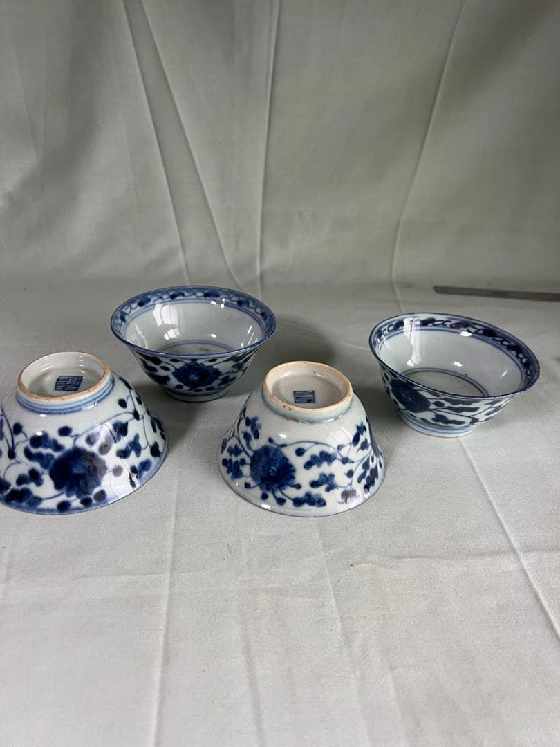 染付 纏枝花卉文 茶杯 4客セット 在銘 中国古陶磁 アンティーク