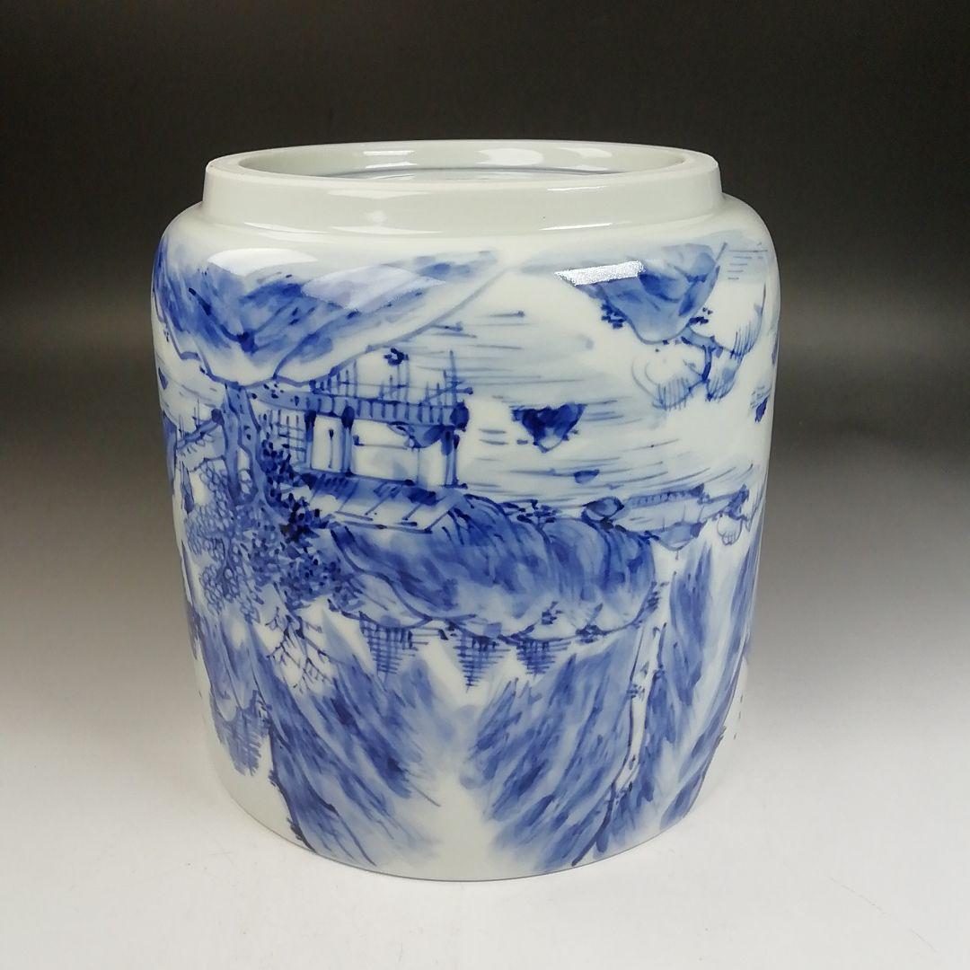 Ｗ３０７　水指　『染付　山水図』『高野昭阿弥 造』　共箱　茶道具