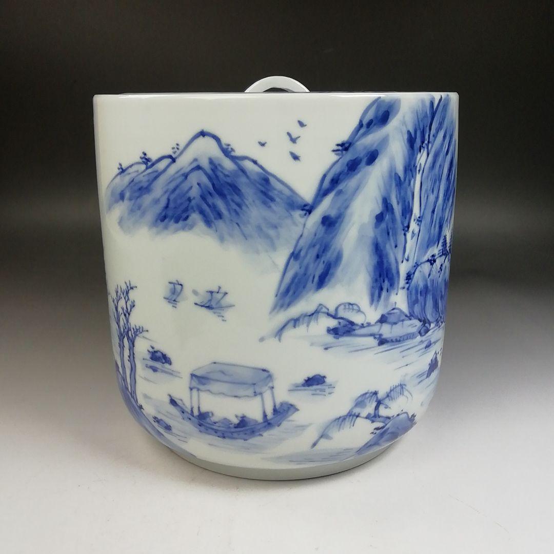 Ｗ３０７　水指　『染付　山水図』『高野昭阿弥 造』　共箱　茶道具