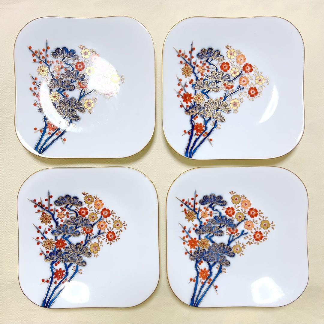 美術有田焼　オールド香蘭社　染錦　金彩菊松梅桜文　四角皿4枚　希少品