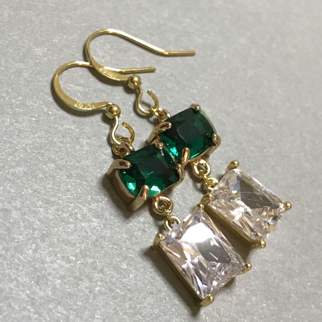 14kgf 枠付き カラーグラス エメラルド×クリスタル ピアス k14gf