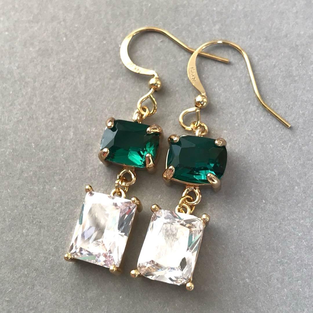 14kgf 枠付き カラーグラス エメラルド×クリスタル ピアス k14gf