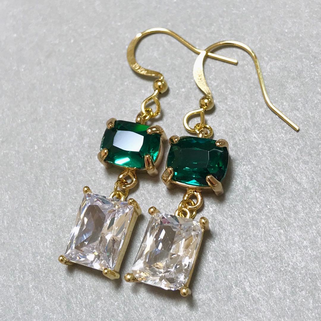 14kgf 枠付き カラーグラス エメラルド×クリスタル ピアス k14gf