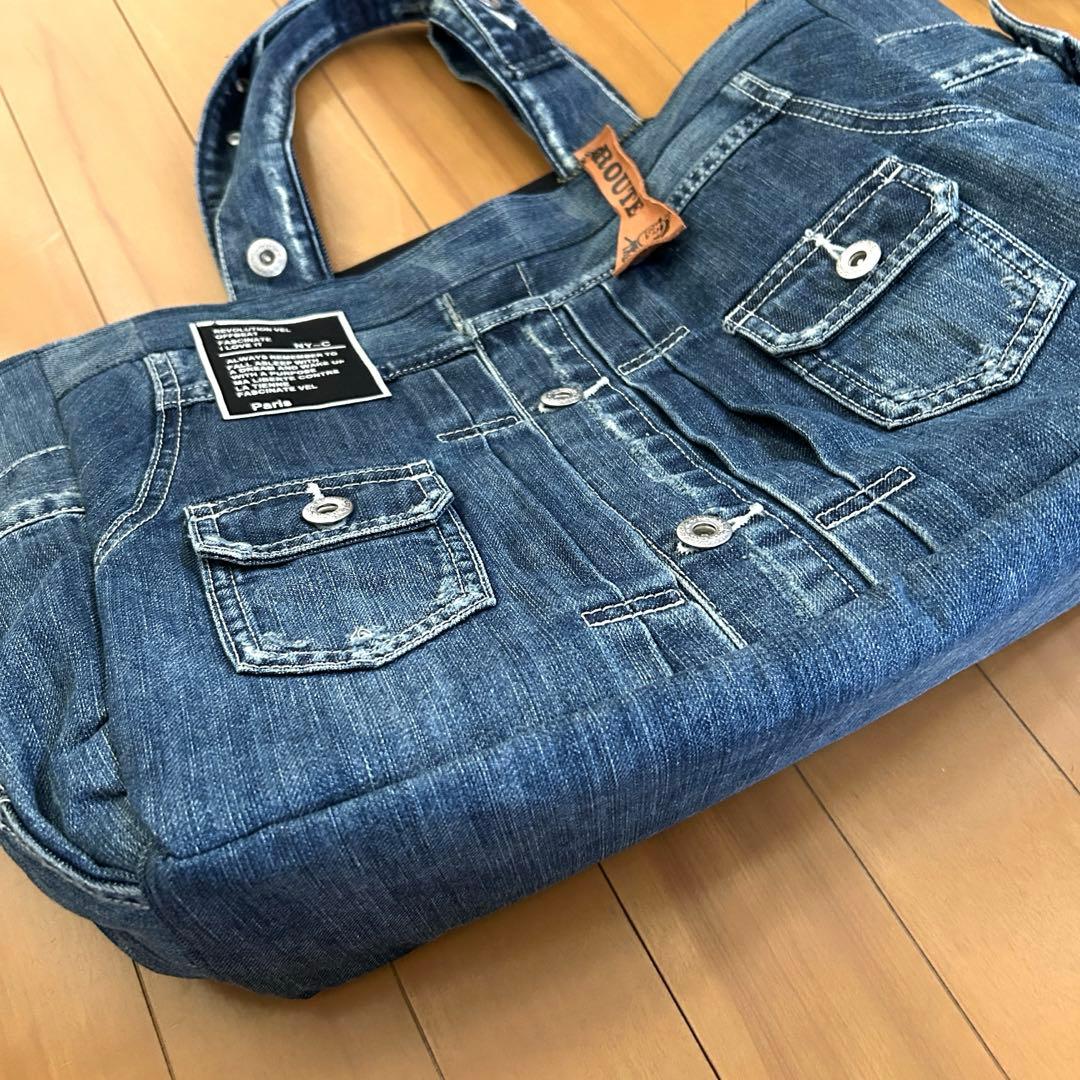 856.特大　デニムリメイク サイドポケット　トートバッグ　ジージャン