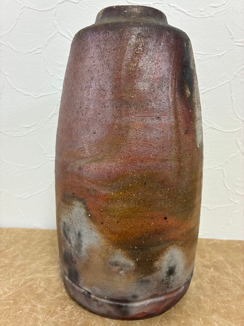 備前焼　花入　筒型　藤原謹作　楽山窯　桟切　胡麻　昭和作品