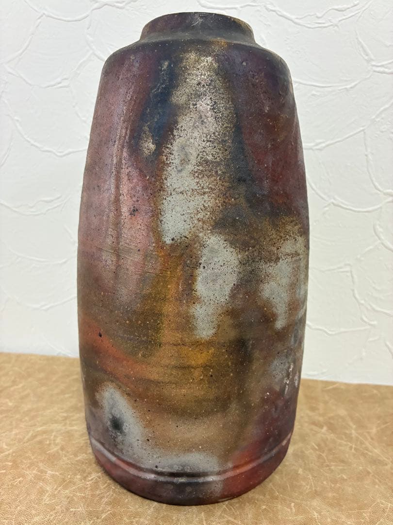 備前焼　花入　筒型　藤原謹作　楽山窯　桟切　胡麻　昭和作品