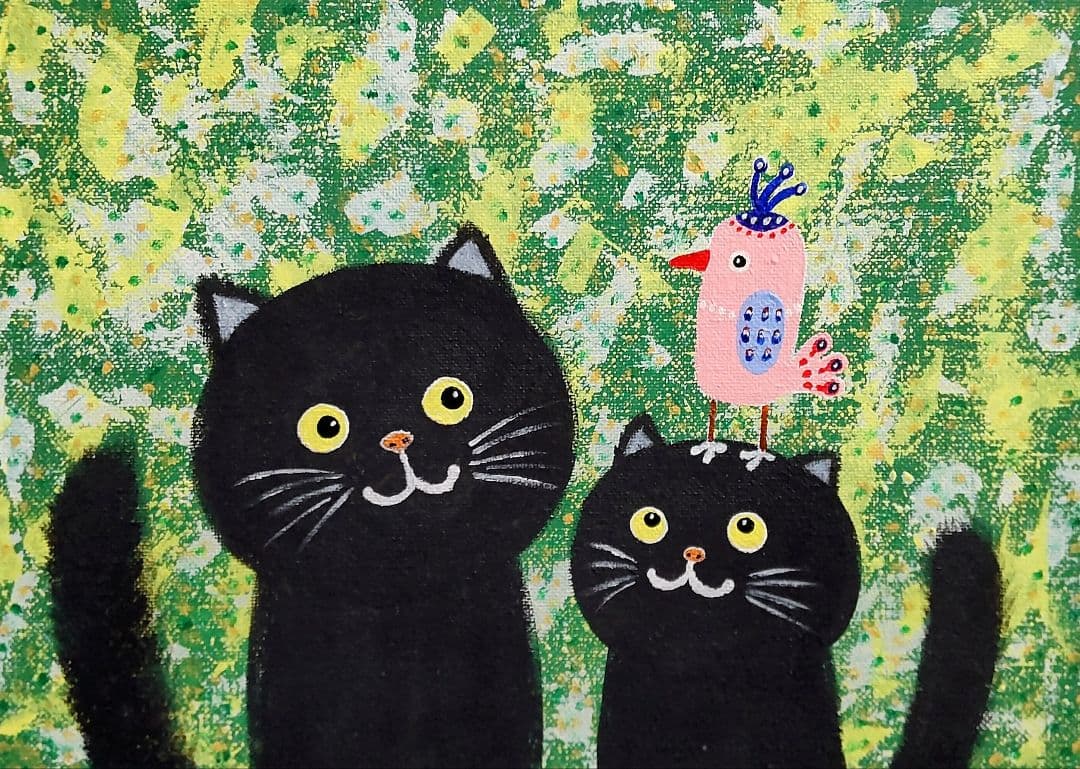 絵画 原画『どこから来たの？』キャンバス(F4号) 真作 一点物 猫 黒猫 小鳥