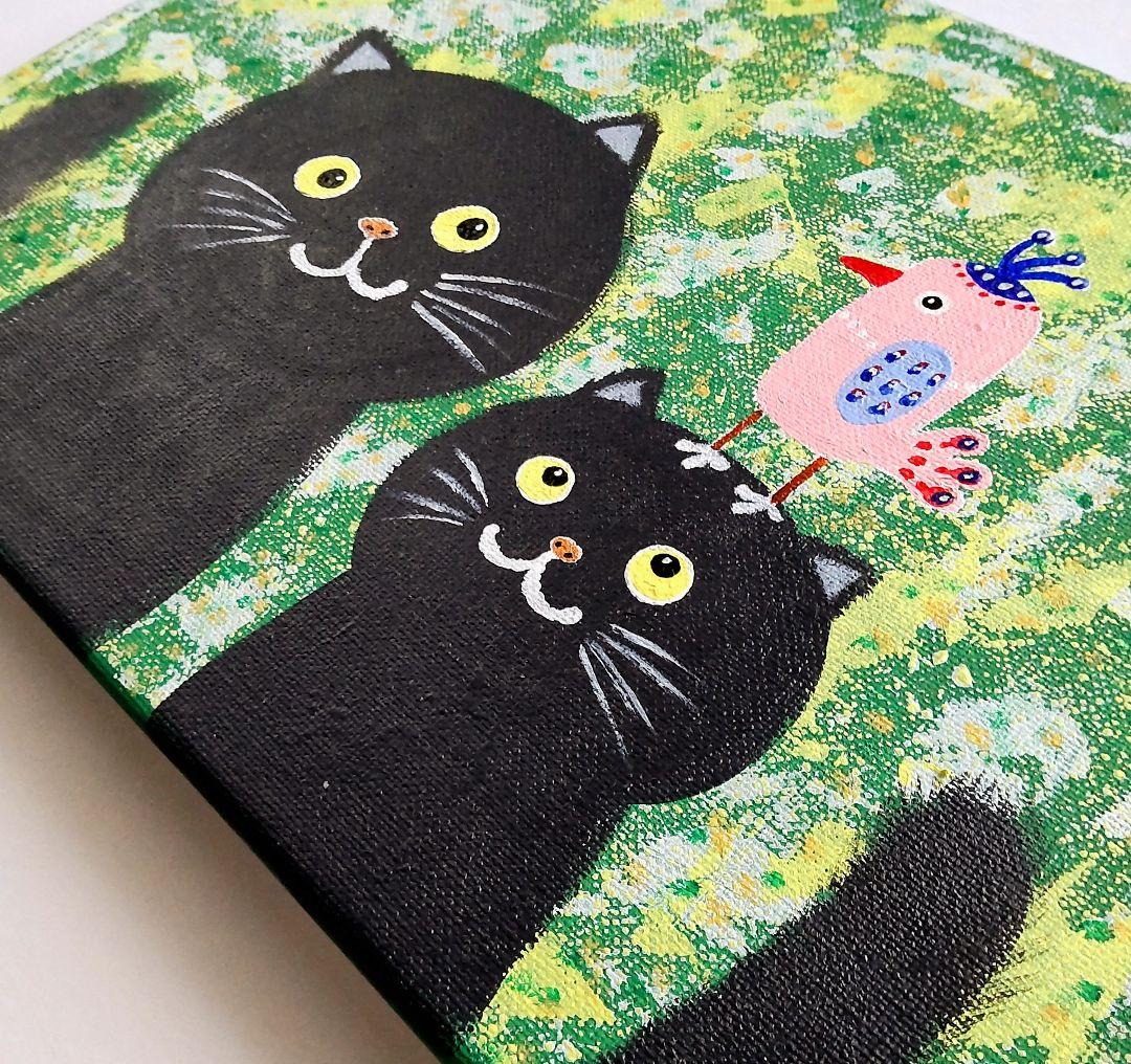 絵画 原画『どこから来たの？』キャンバス(F4号) 真作 一点物 猫 黒猫 小鳥