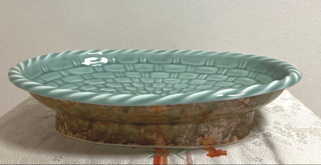 希少品　鍋島焼　青山窯　青山作　青磁　陶皿　大皿　高台　盛鉢　編みカゴ形