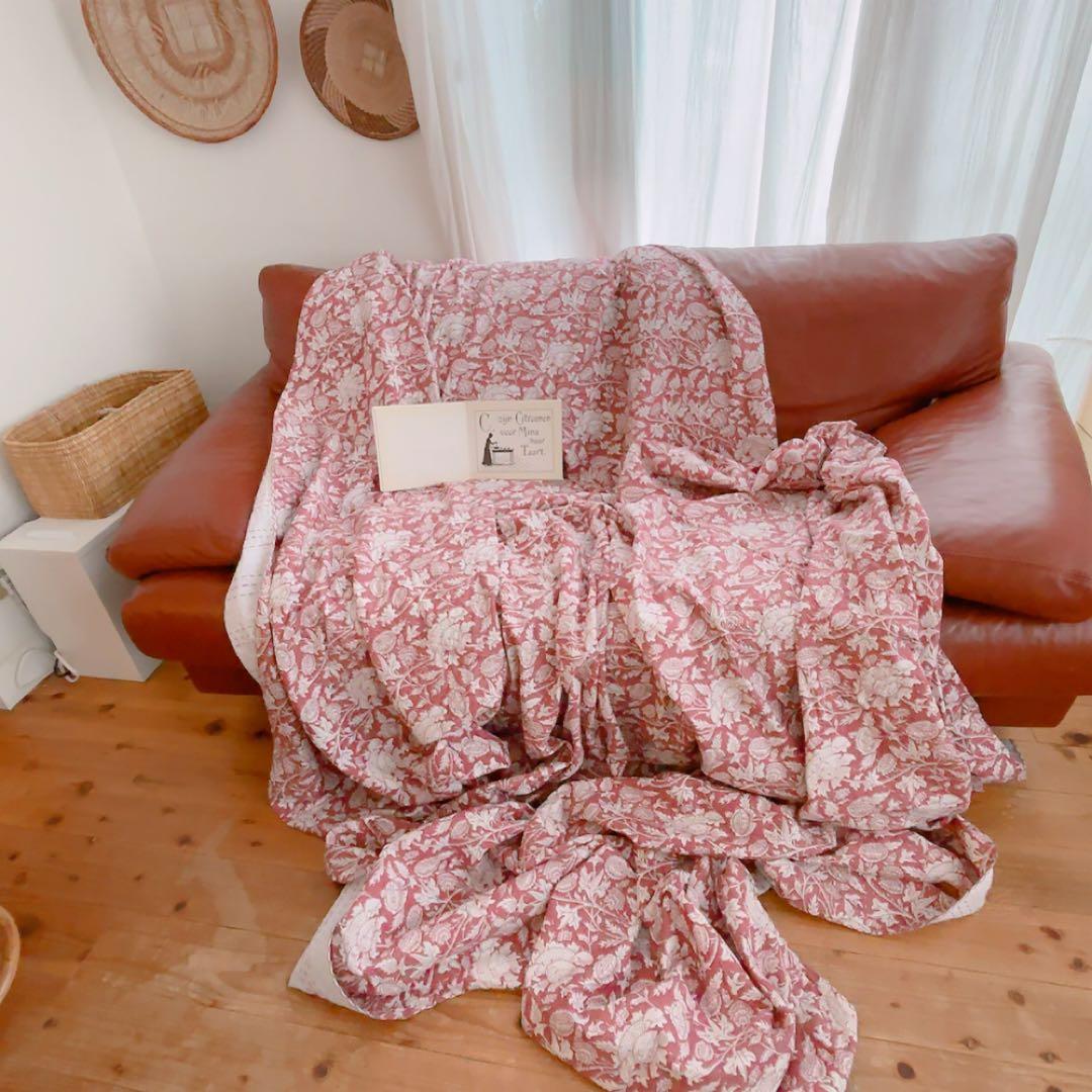 ブロックプリントキルト　マルチカバー　ソファーカバー