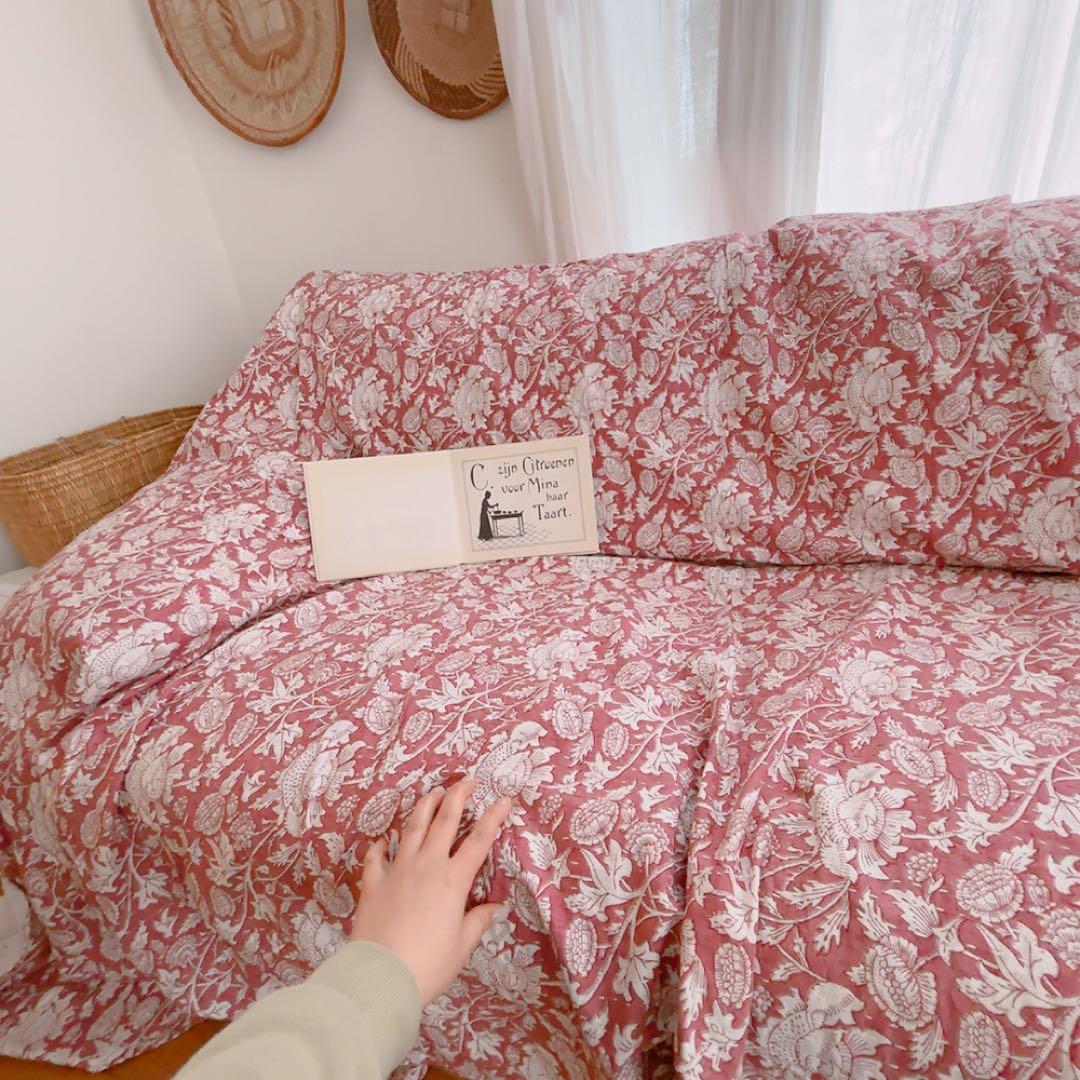 ブロックプリントキルト　マルチカバー　ソファーカバー